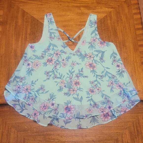 Decree Chiffon Mint Green Floral Sleeveless Top - Picture 1 of 11